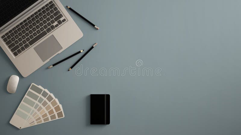 Stylish Minimal Office Table Desk. Workspace with Laptop, Notebook, Pencils  and Sample Color Palette on Dark Green Background Editorial Stock Image -  Illustration of advertising, business: 120539594