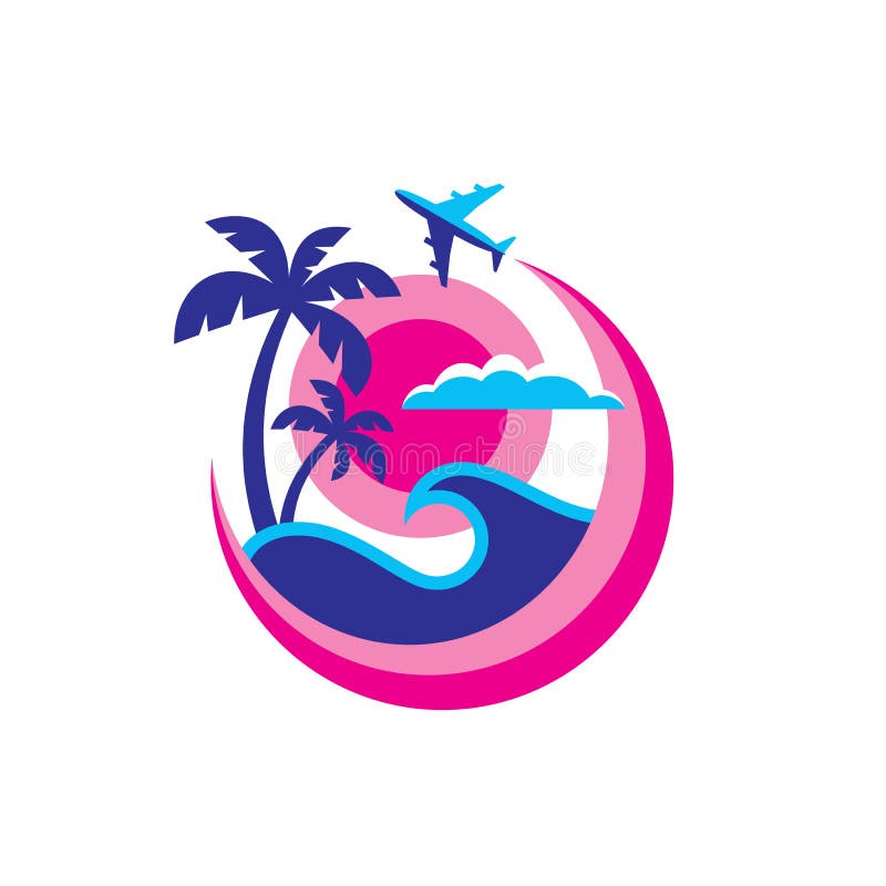 Summer travel - concept business logo template vector illustration. Holiday paradise creative sign. Sea wave, tropical palms, sun