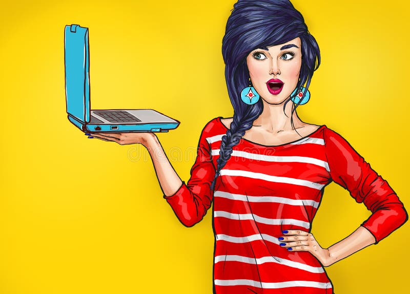 Surprised woman with laptop in the hand in comic style. royalty free illustration