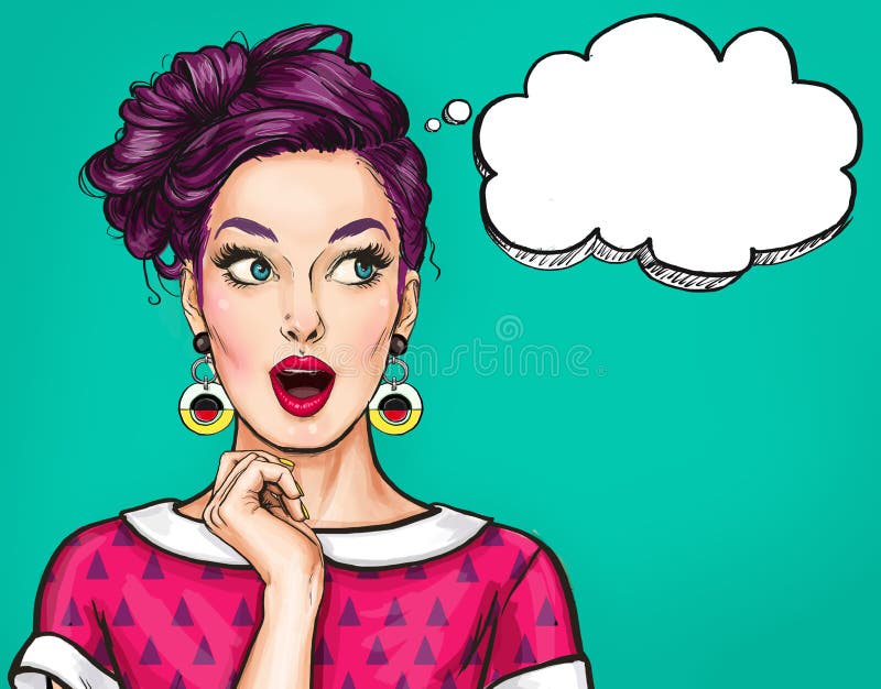 Surprised young woman with open mouth. Comic woman. Amazed women. Pop Art girl. royalty free illustration