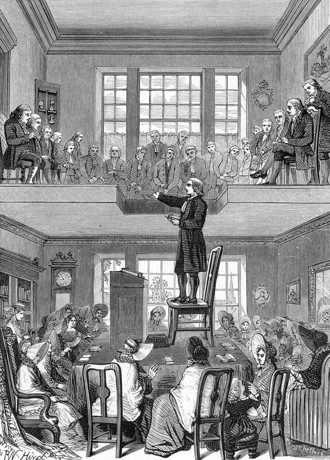 John Wesley stands on a chair while preaching to the public gallery, engraving from Selections from the Journal of John Wesley, 1891.