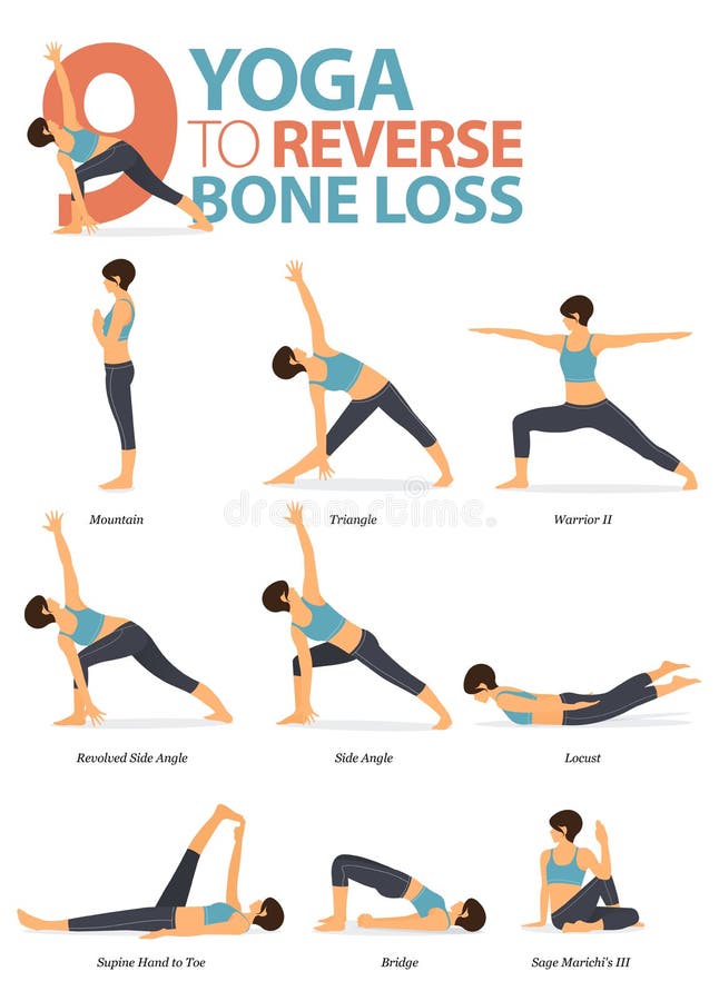 9 Yoga poses to reverse bone loss concept. Women exercising for body stretching. Yoga posture or asana for fitness infographic.