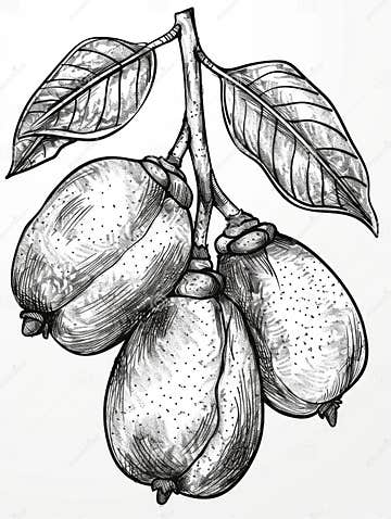 Black and White Hand Drawn Illustration of a Branch of a Guava Tree ...