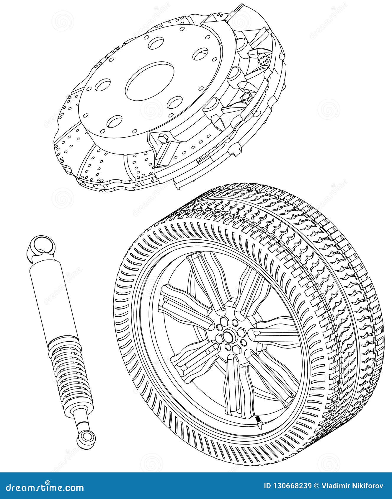 Brake Disc, Wheel and Shock Absorber on a White Stock Vector ...