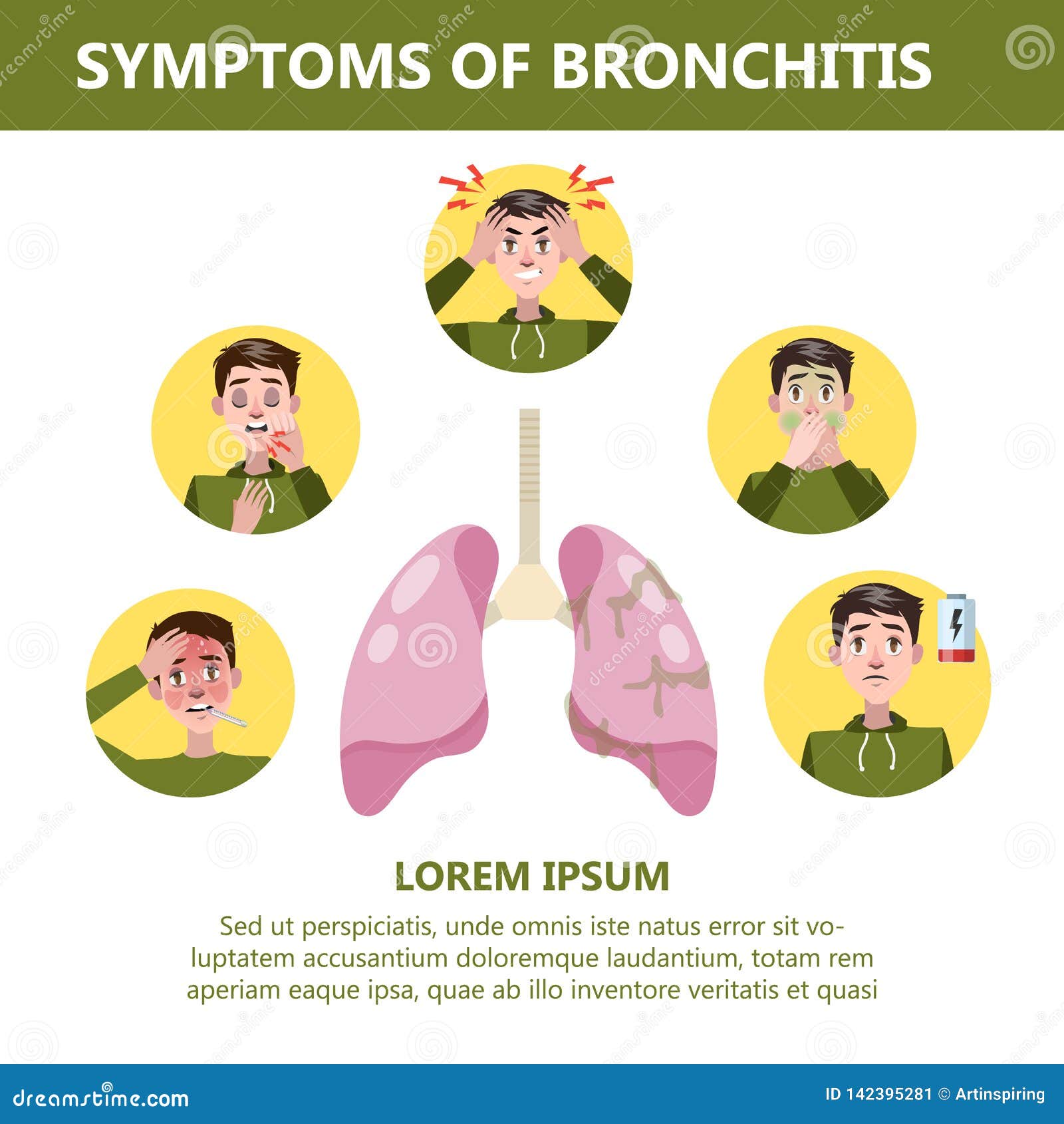 Bronchitis Symptoms Infographic. Chronic Disease. Cough, Fatigue Stock ...