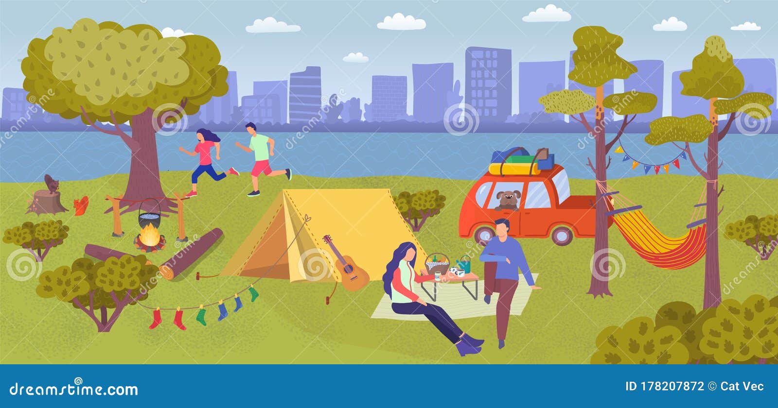 Camping Picnic in Summer Forest Vector Illustration, Cartoon People ...