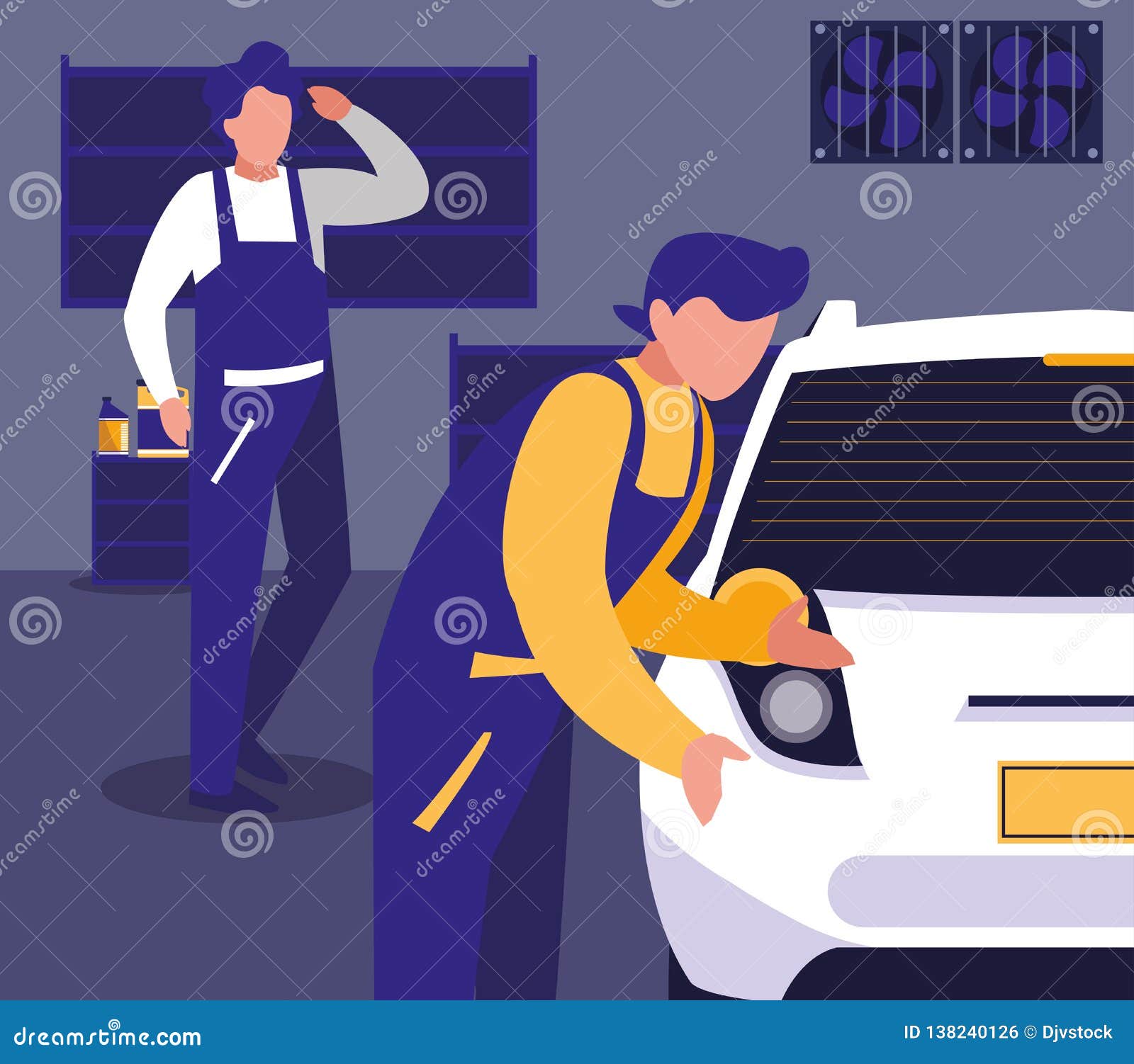 Car in Maintenance Workshop with Mechanics Team Stock Vector ...