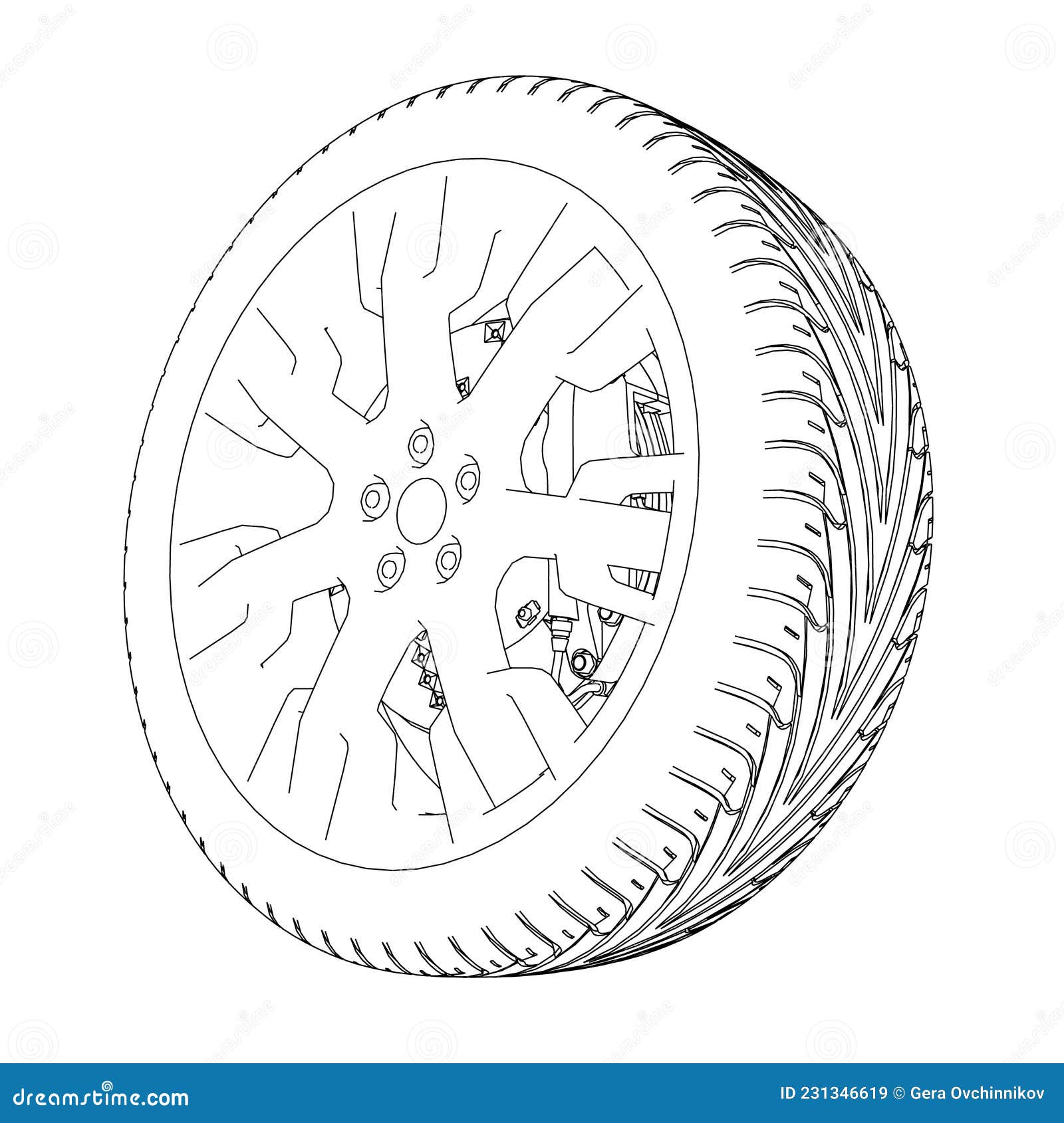 Car Wheel Contour from Black Lines Isolated on White Background. 3D ...