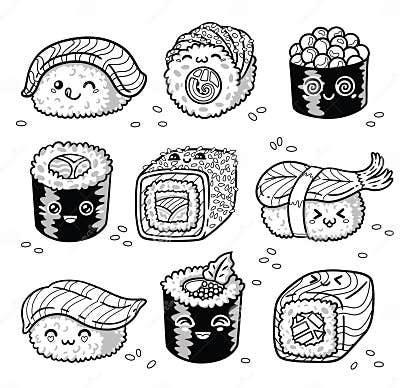 Kawaii Rolls and Sushi Manga Cartoon Set in Outline Stock Vector ...