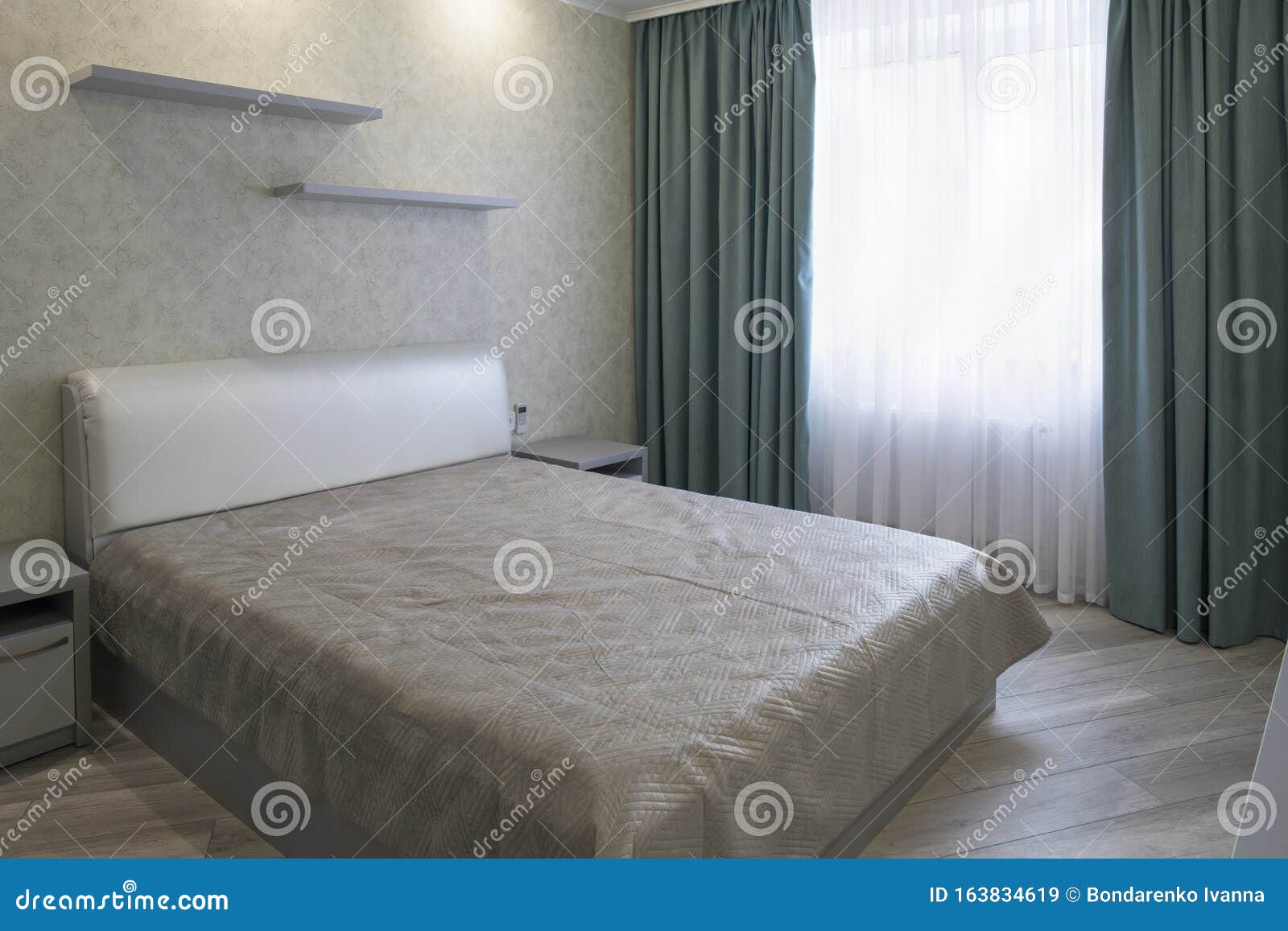 Comfortable Bedroom Interior Design With White Modern Bed, Grey Walls And  Floor, Blue Curtains Stock Image - Image Of Style, Hotel: 163834619