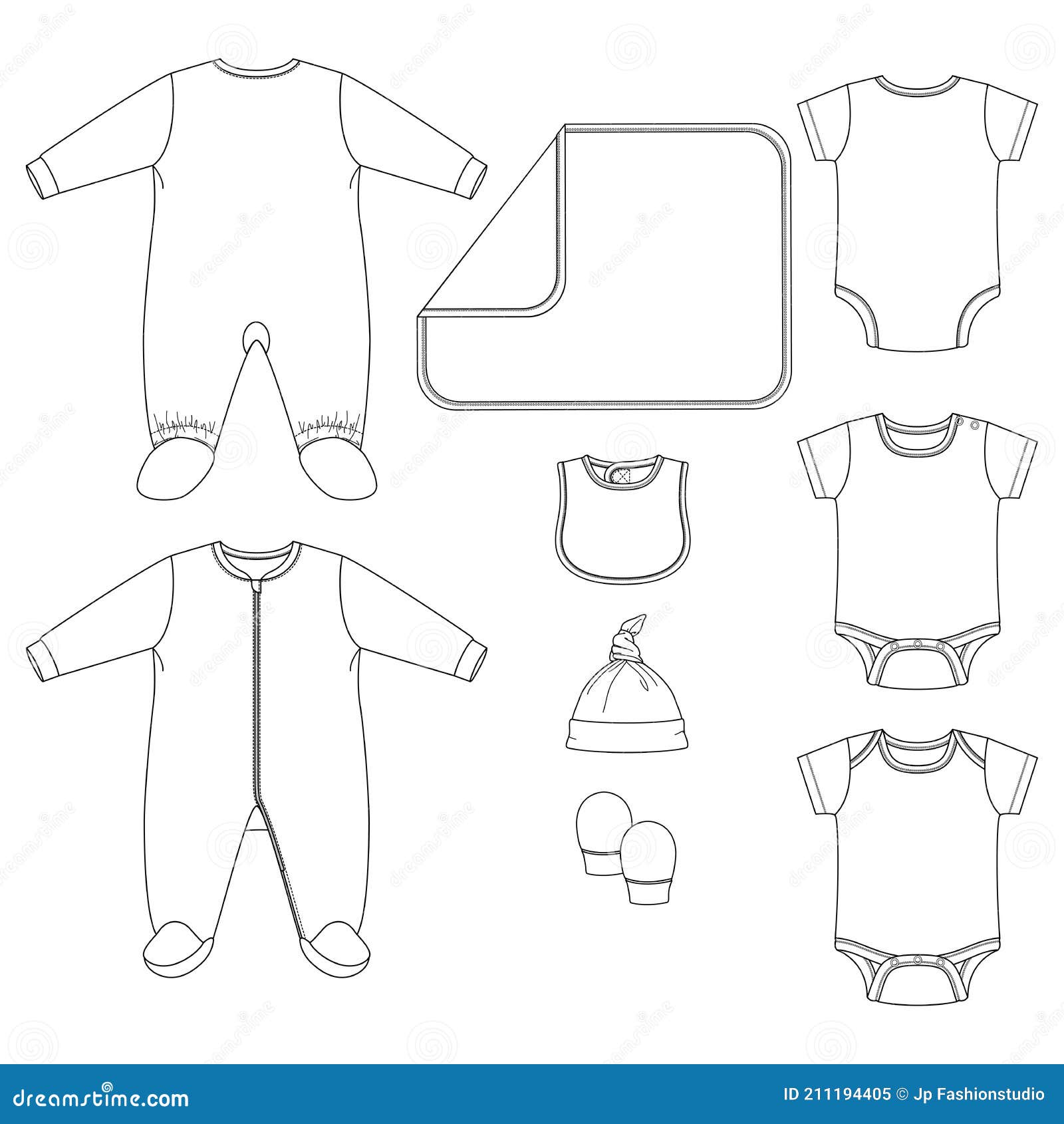 Conjunto De Elementos Vectoriales De Ropa De Bebé. Bebé Layette Plantilla  De Dibujo Plano De Moda. Ilustración Técnica De Moda. Ilustración del  Vector - Ilustración de contorno, manera: 211194405