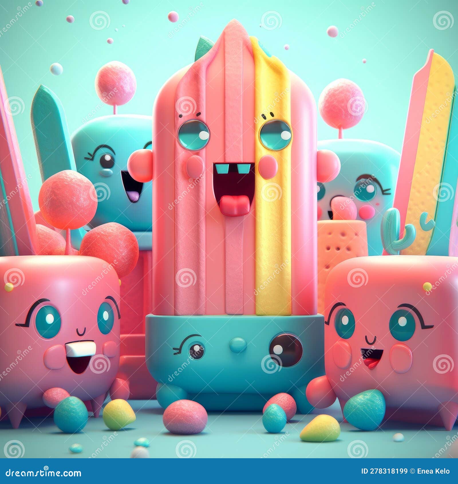 Cute Animation of Candy and Dolls with Funny Faces Stock Illustration ...