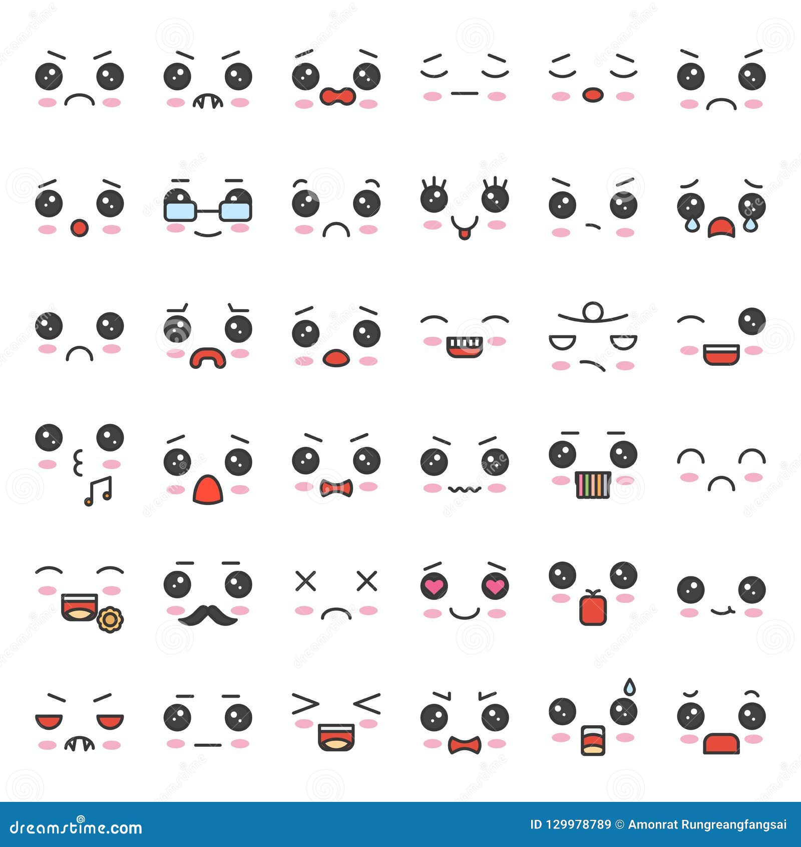 Cute Emotion Face in Various Expession, Editable Stroke Icon Set Stock ...