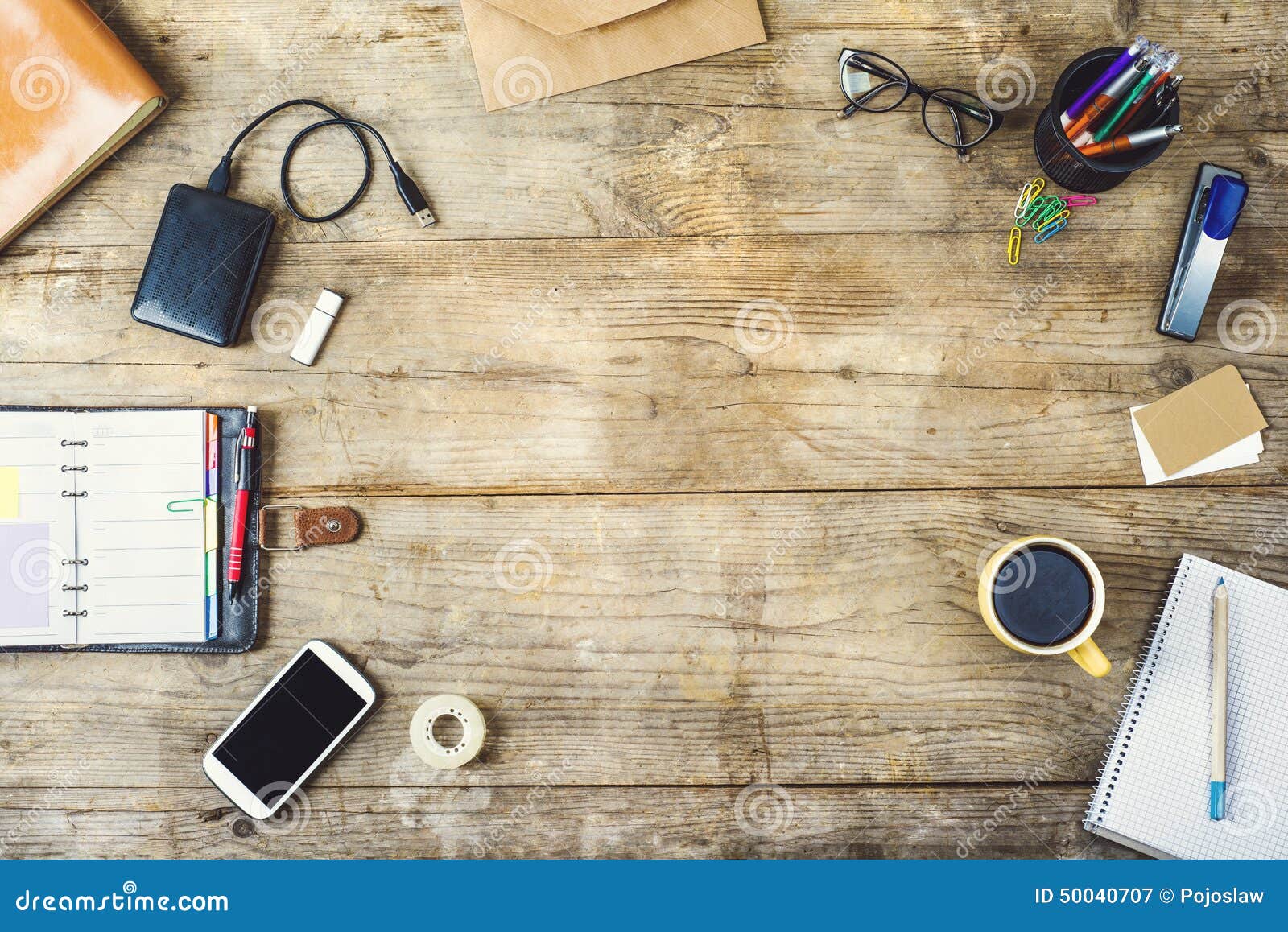 Desktop Mix On A Wooden Office Table. Stock Photo 50040707 - Megapixl