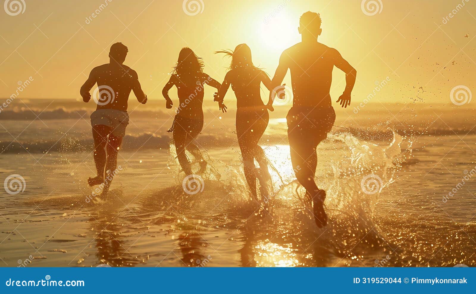 Generative AI Four Happy Friends at Sunset Beach Party Runs To Water ...