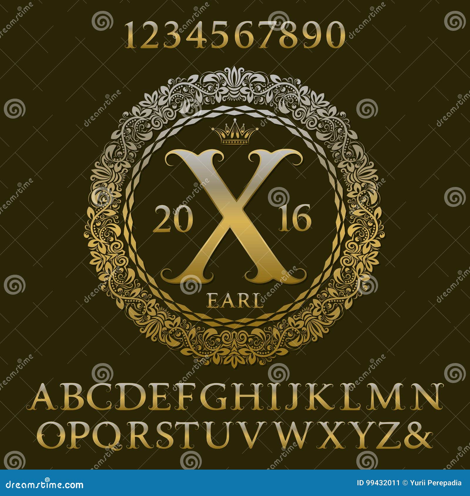 Golden Letters and Numbers with Initial Monogram. Royal Font Stock ...