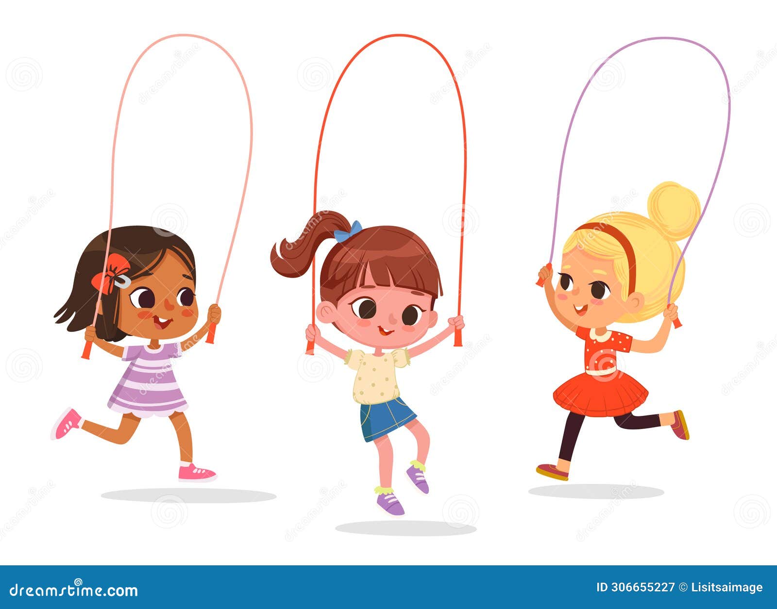 Happy Cute Kids Girls Play Jump Rope. Cartoon Illustration Of Children ...