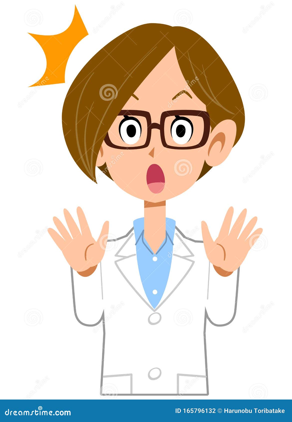 The image of a Surprised woman wearing lab coat and glasses