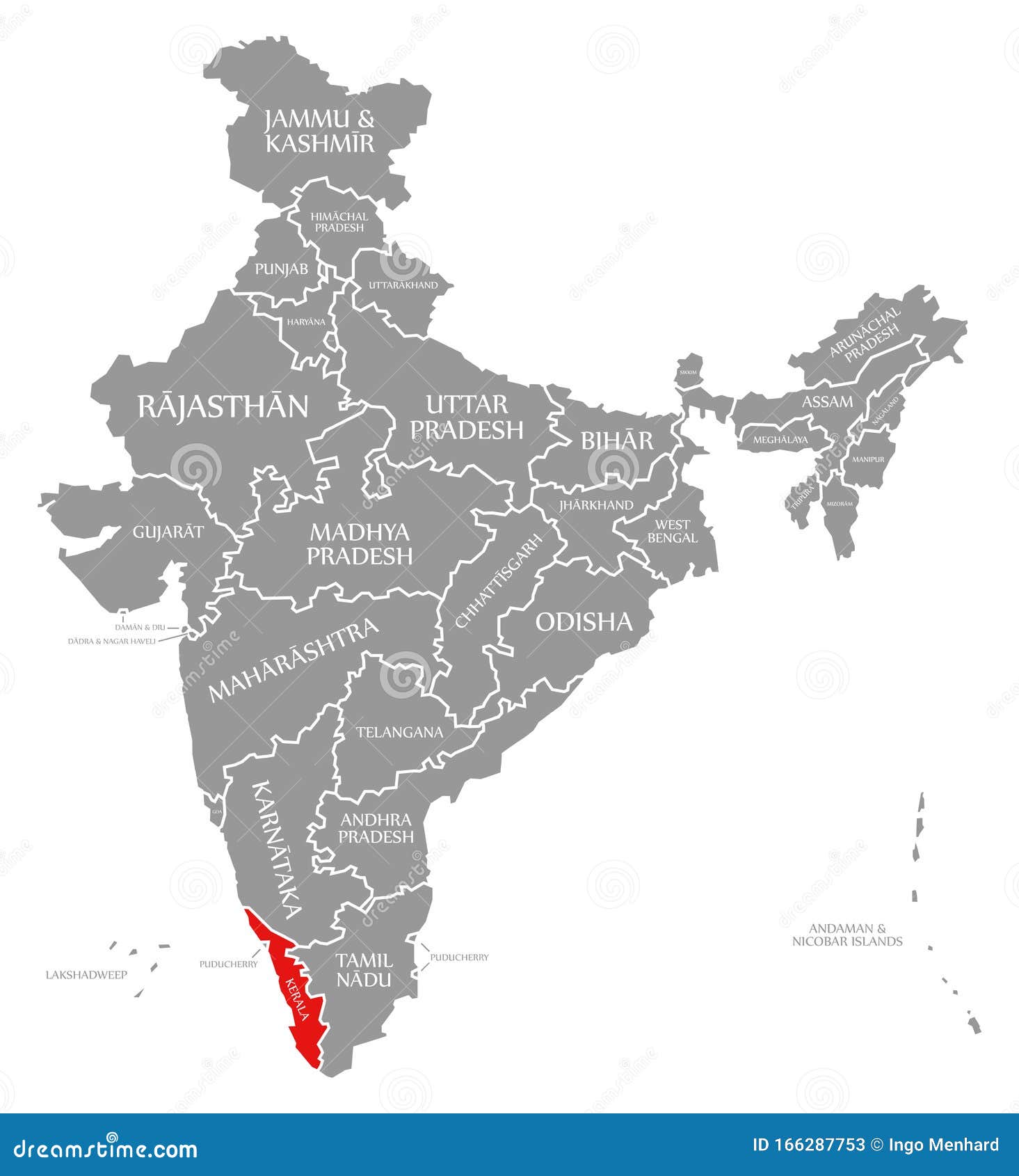 Kerala Red Highlighted In Map Of India Stock Illustration