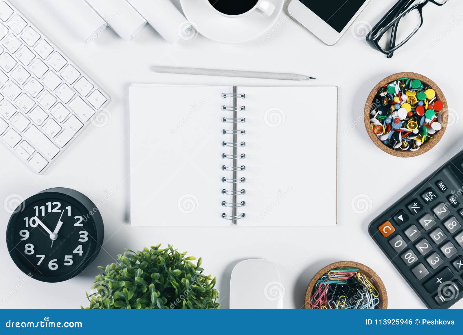 Contemporary White Table with Items Stock Photo - Image of blank ...