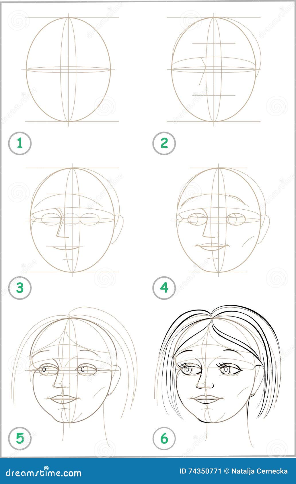 Page Shows How To Learn Step by Step To Draw Girls Head. Stock Vector ...