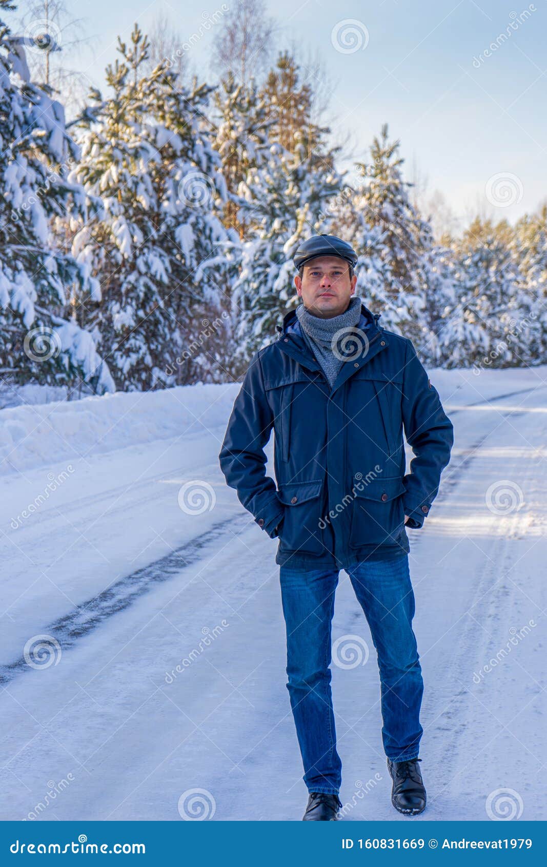 Portrait of Handsome Middle-aged Man Against Beautiful Winter Snowy ...