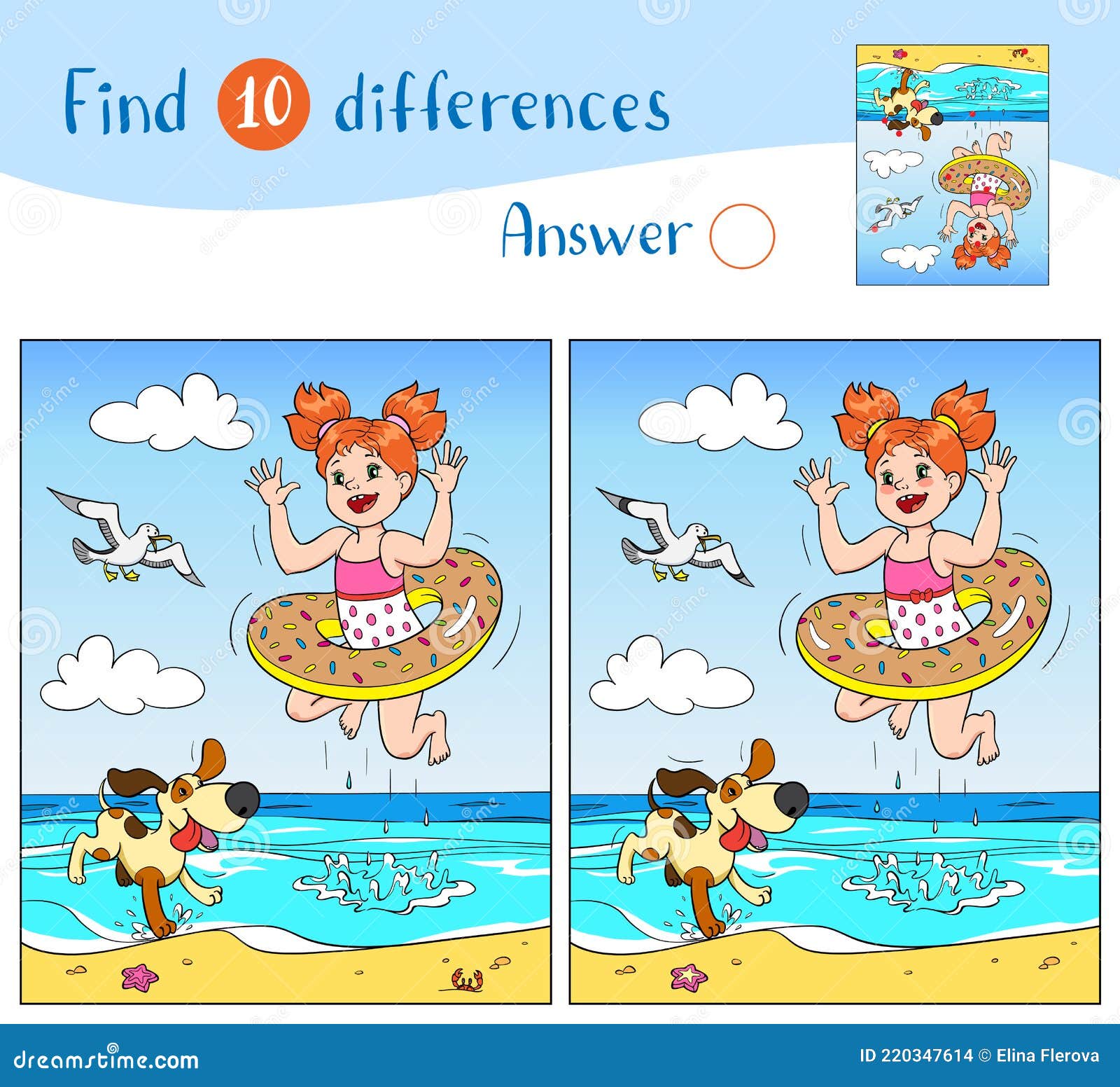 Find 10 Differences. Joyful Girl and Dog are Jumping into the Sea on ...