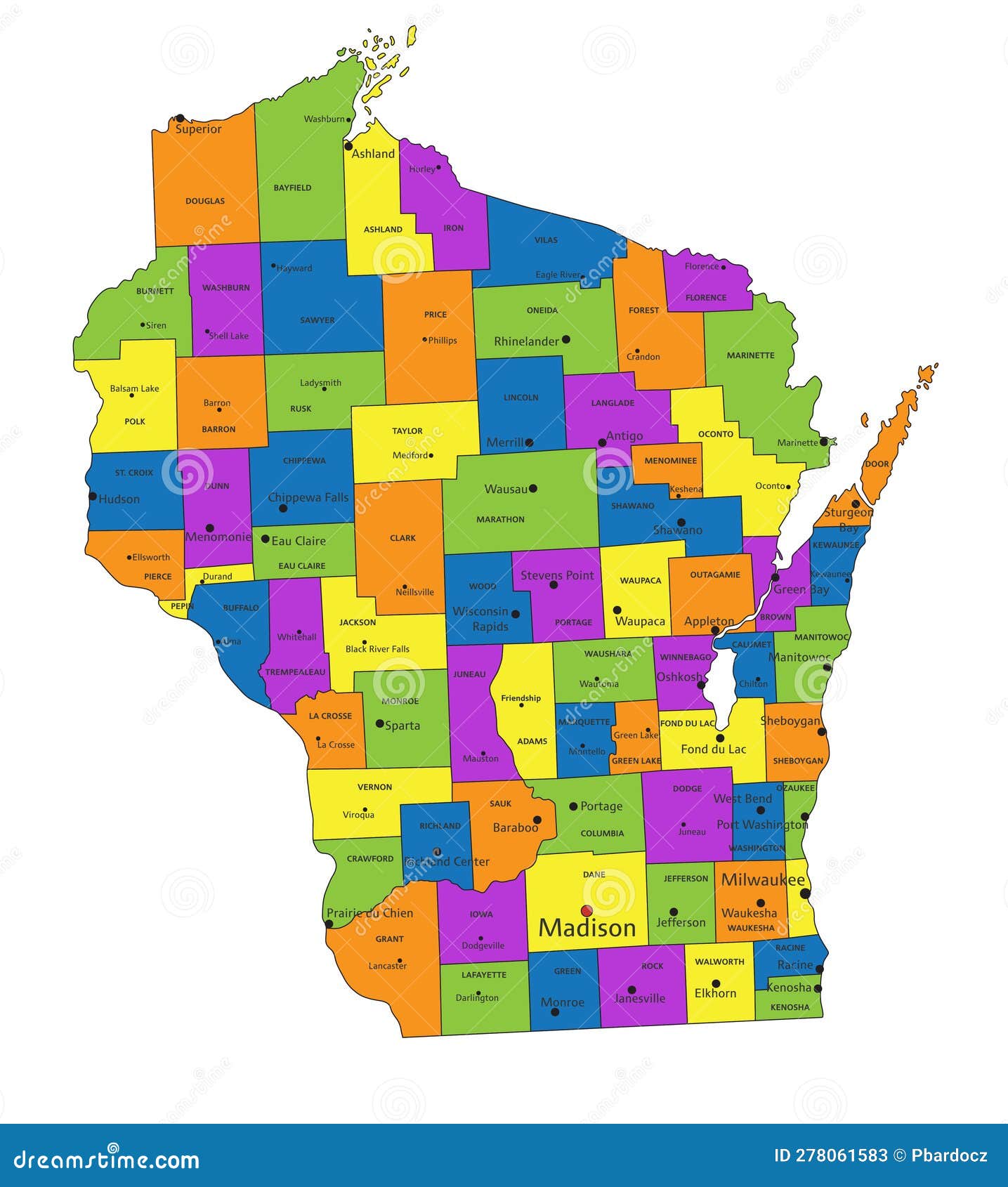 Wisconsin Map. Political Map Of Wisconsin With Boundaries In White ...