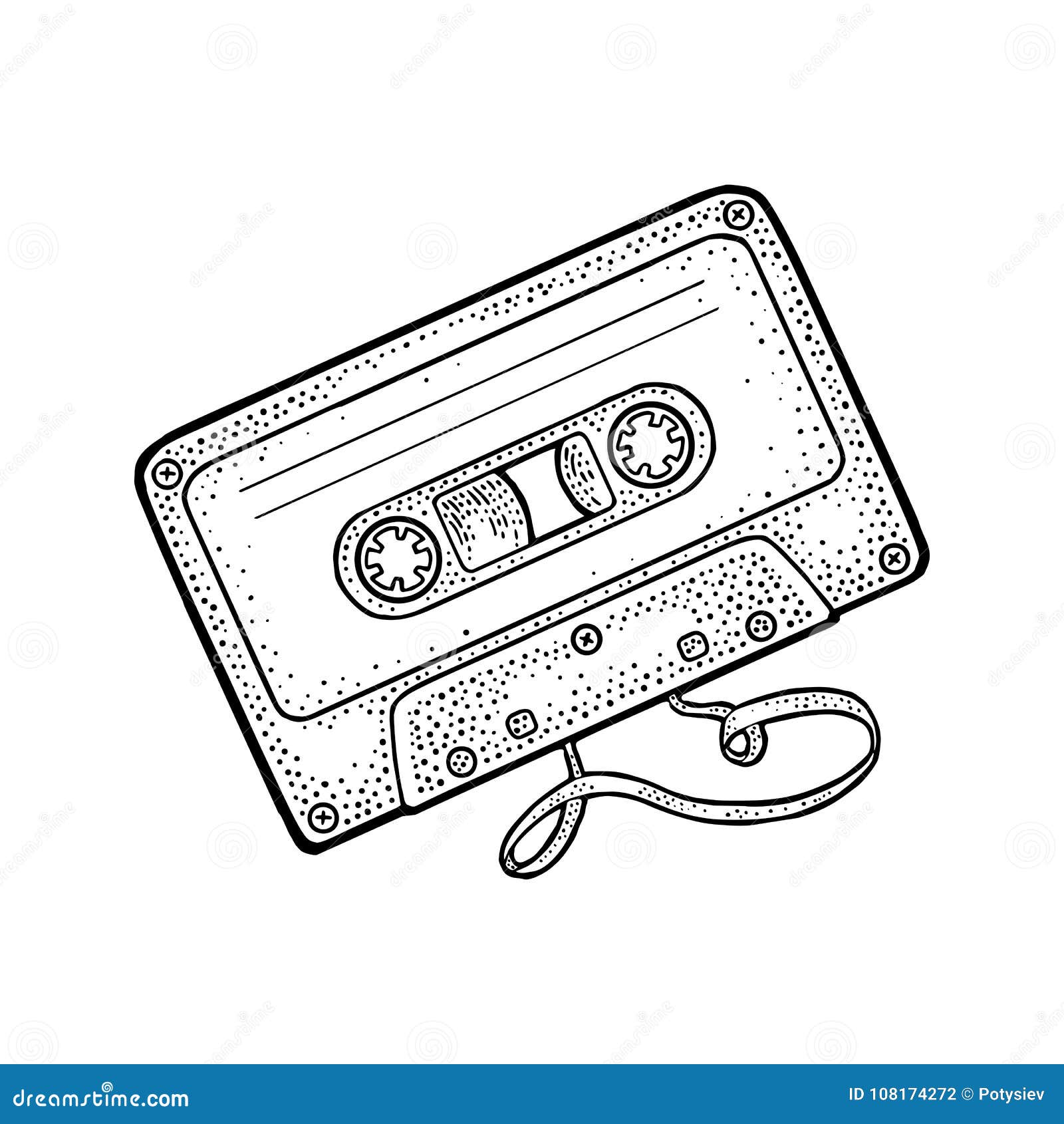 Retro Audio Cassette With Tangled Tape. Vintage Vector Black Engraving ...