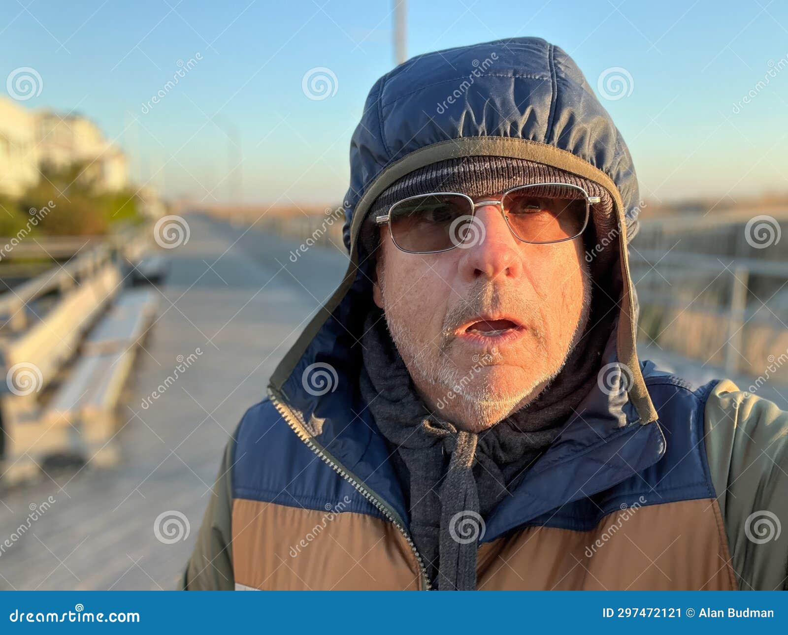 Senior Man Bundled Up in Winter Coat Parker with Hood on Wearing ...