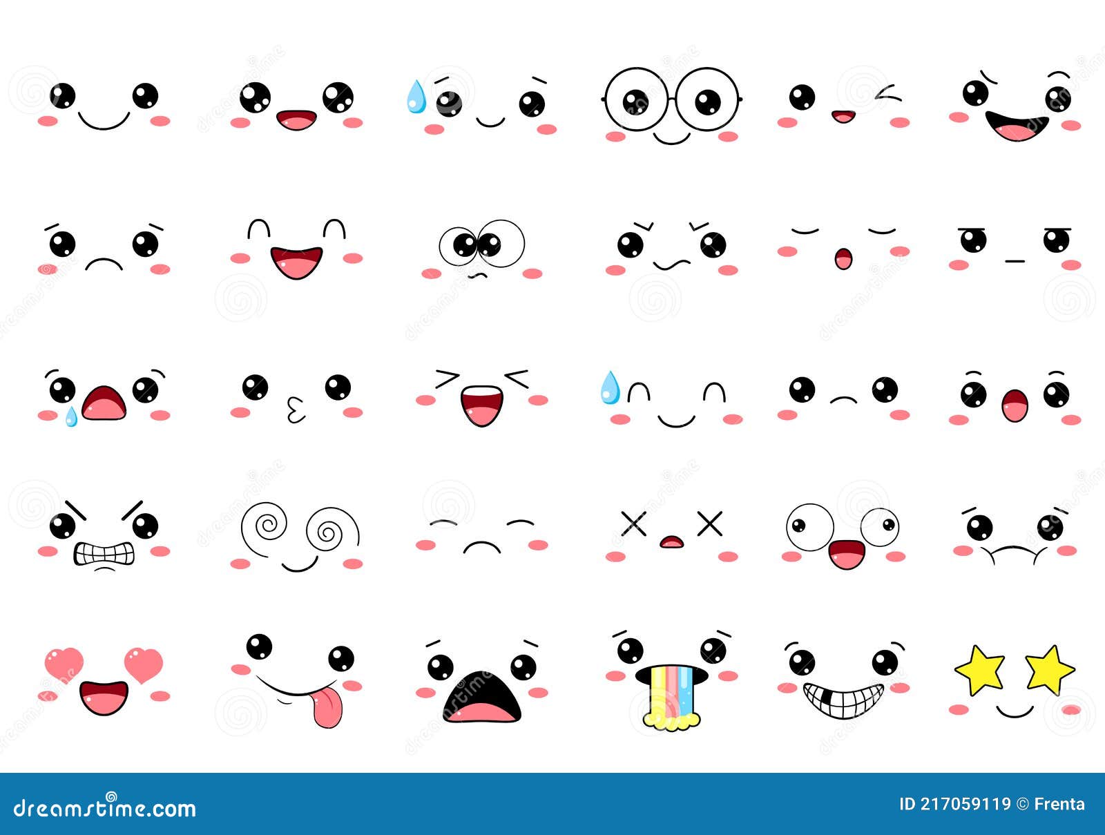 Set of Kawaii Emoticons with Different Mood Stock Vector - Illustration ...