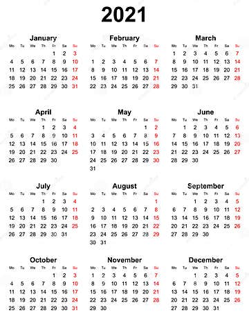 Simple Editable Vector Calendar for Year 2021 Sundays in Red, Mondays ...