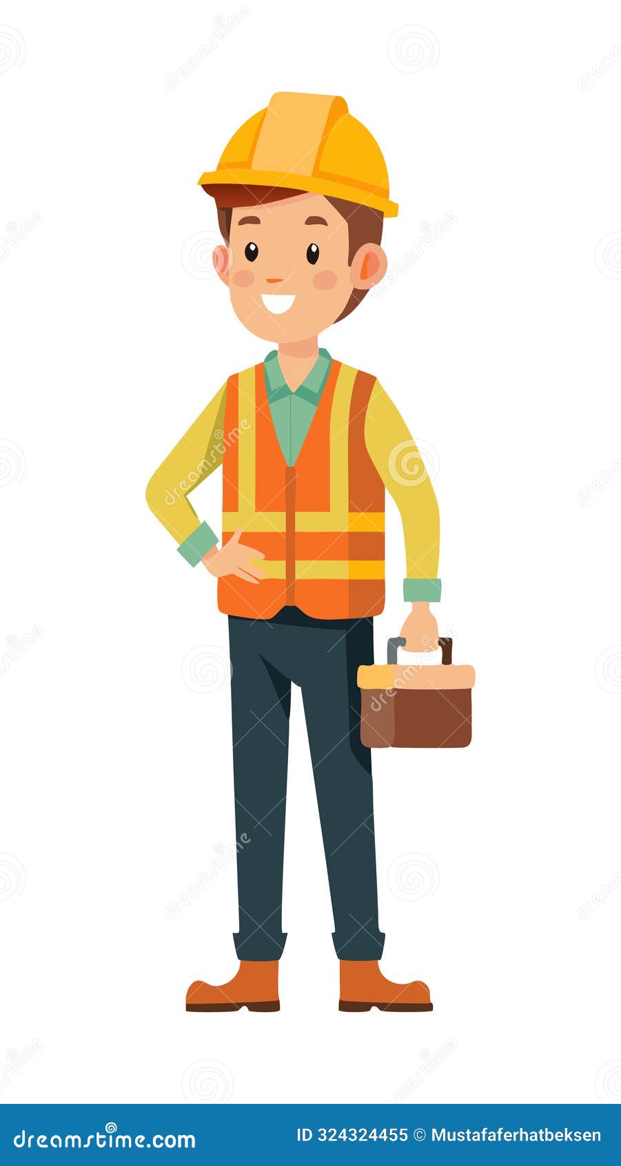 Smiling Cartoon Construction Worker in Safety Vest and Hard Hat Holding ...