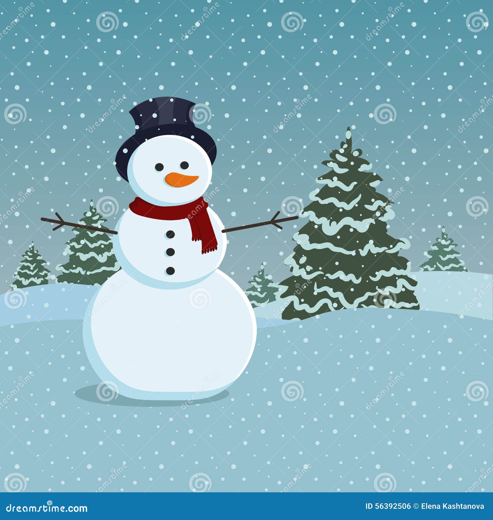 Snowman and trees stock vector. Illustration of spruce - 56392506