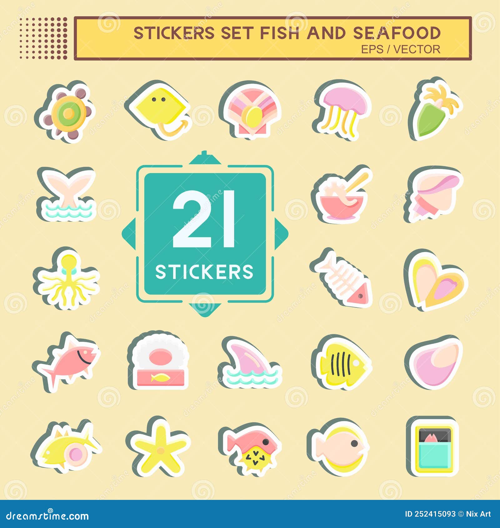 Sticker Set Fish and Seafood. Suitable for Seafood Symbol. Simple ...