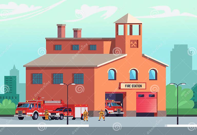 Street Fire Station. Cartoon City Firehouse Fireman Building Exterior ...