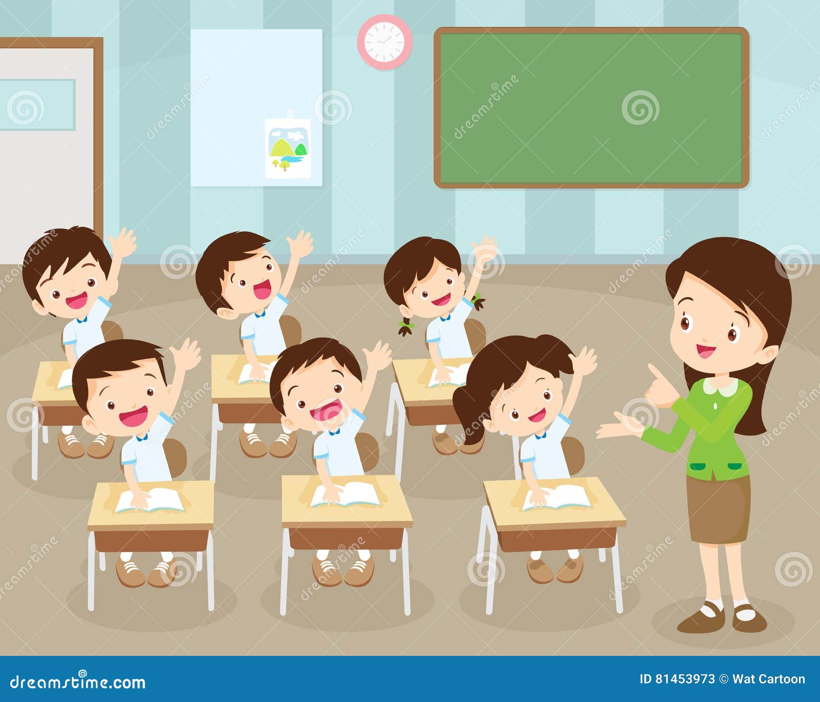 Students Hand Up in Classroom Stock Vector - Illustration of friend ...