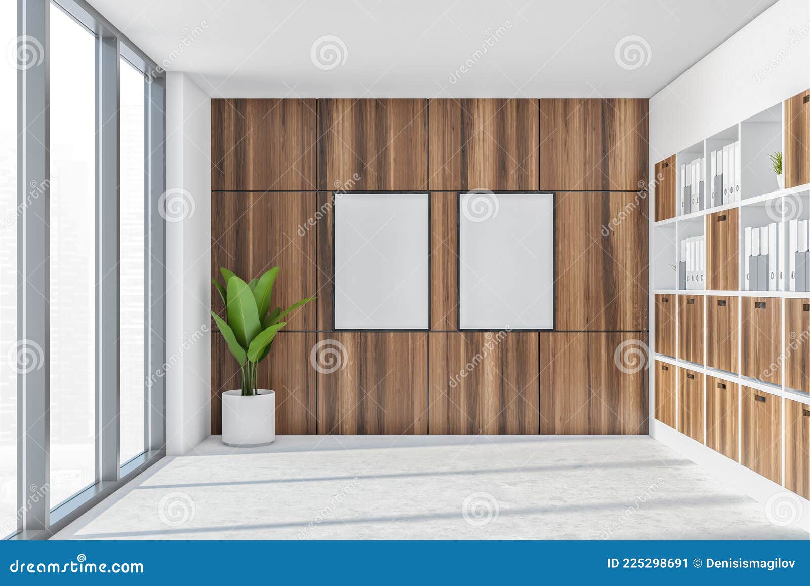 Two Banners in the Small White Office Area with Wooden Tiling Stock ...