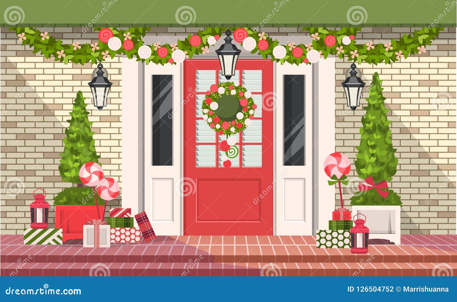 Christmas Decoration of Entrance Doors Stock Vector - Illustration ...