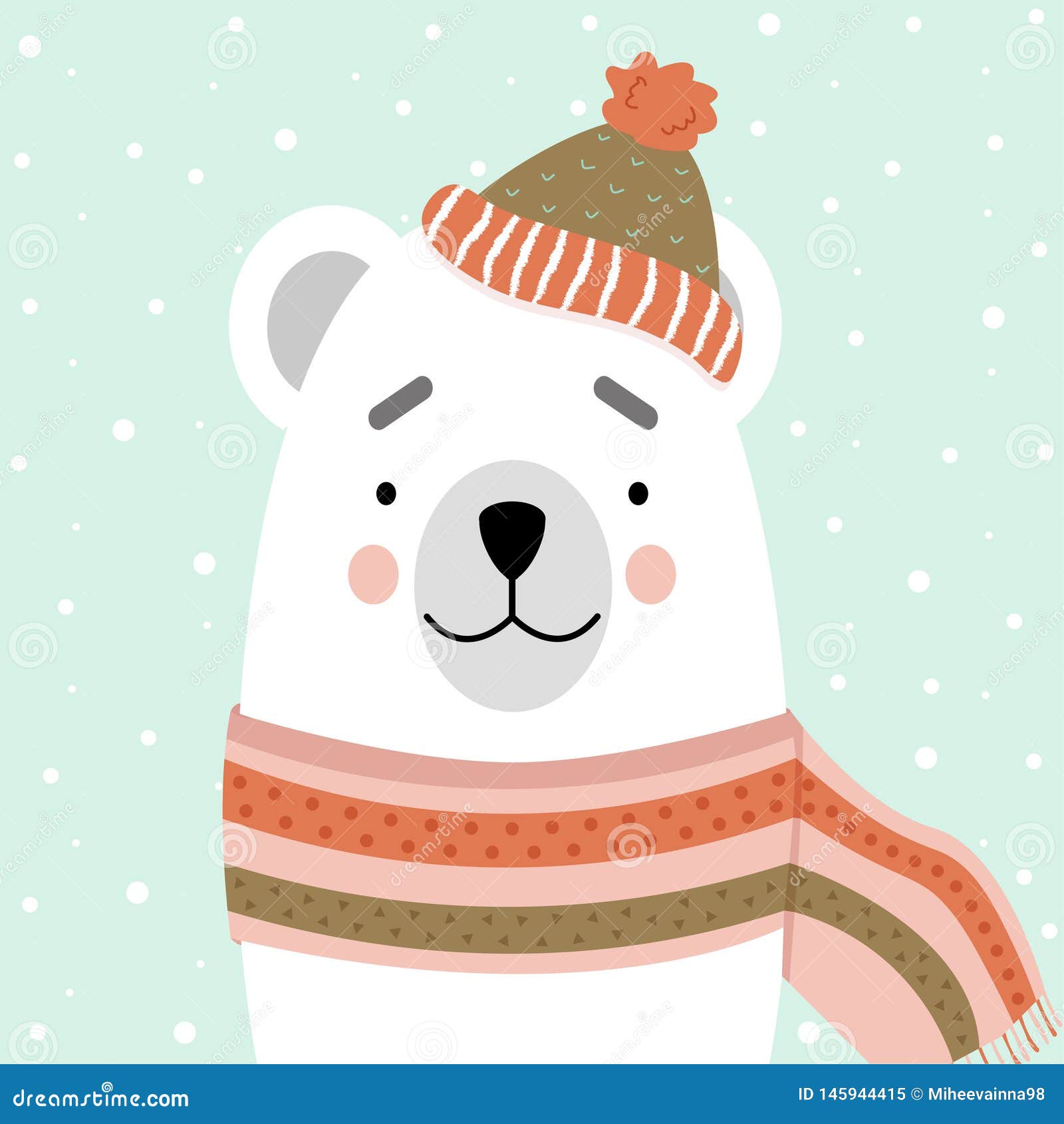 Cute Polar Bear in a Scarf and Hat. Postcard, Vector Design. Stock ...