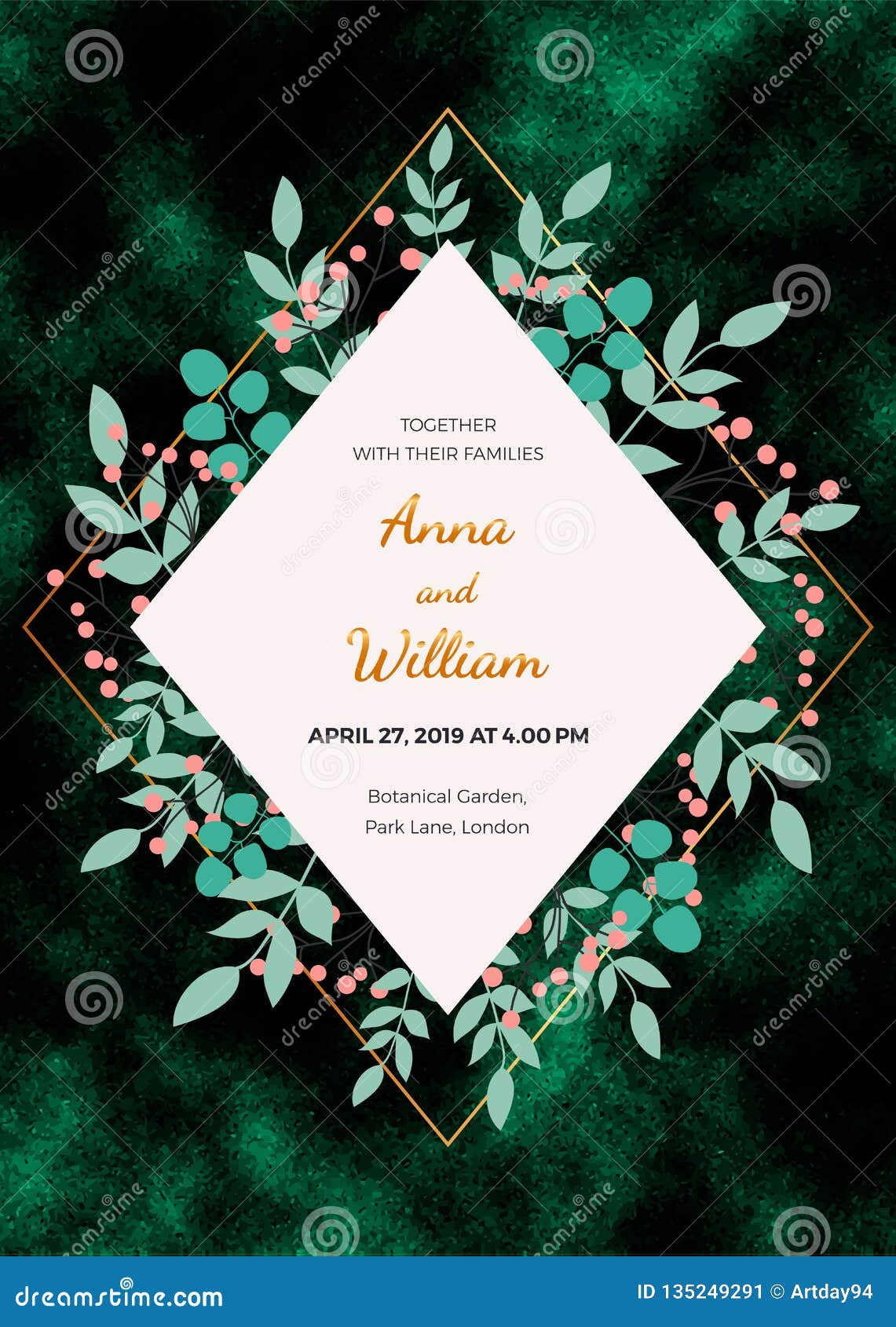 Wedding Invitation Card with Leaves on the Dark Green Background. Template  for Invite, Banner, Save the Date, Poster, Flyer Stock Illustration -  Illustration of banner, geometric: 135249291