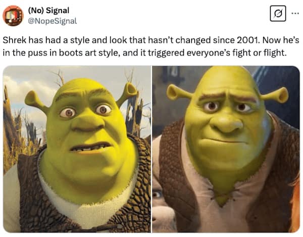 Shrek has had a style and look that hasn't changed since 2001. Now he's in the puss in boots art style, and it triggered everyone's fight or flight.