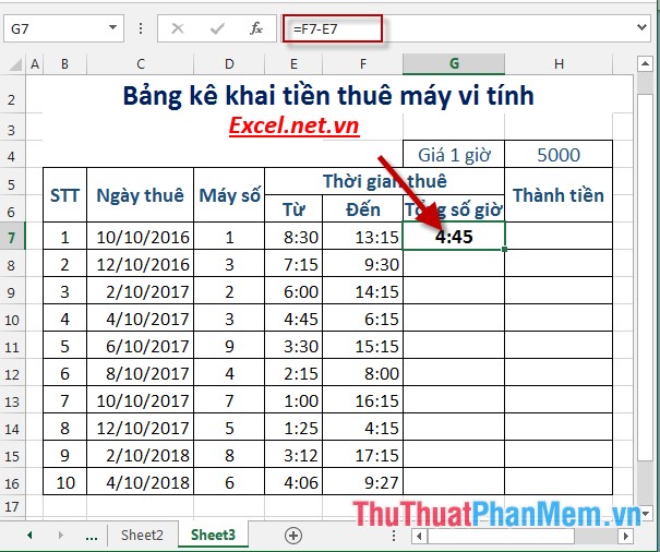 Nhấn Enter trả về tổng số giờ khách đã thuê