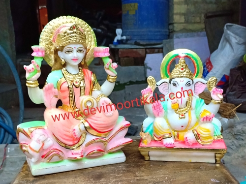 Ganesh Laxmi Statue - Pure White Marble, All Sizes Available | Religious Theme, Finely Bejeweled, Gold & Silver Finishing