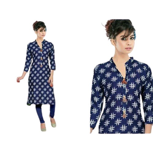 Washable Blue Colored 3/4Rth Sleeved Printed Cotton Fabric Kurti For Women