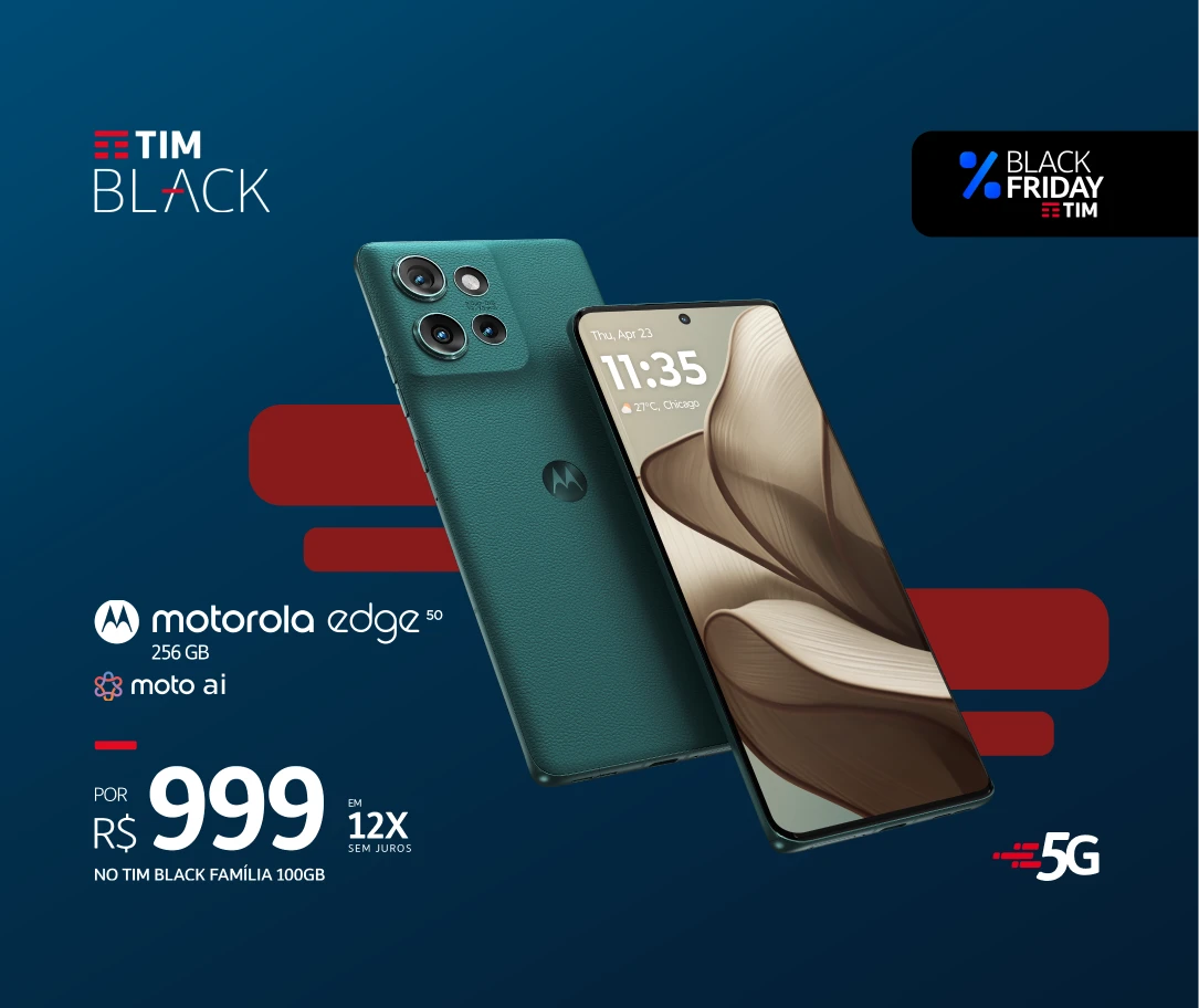  Imagem promocional do smartphone Motorola Edge 50 com câmera avançada e conectividade 5G, exclusividade na TIM. Disponível por R$999 no TIM Black Família 100GB.