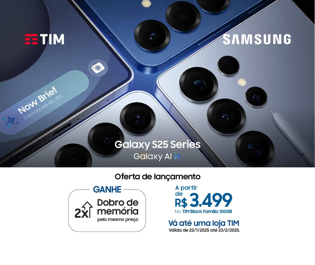 Imagem de smartphones Samsung Galaxy S25 em tons de azul, destacando câmeras e design premium