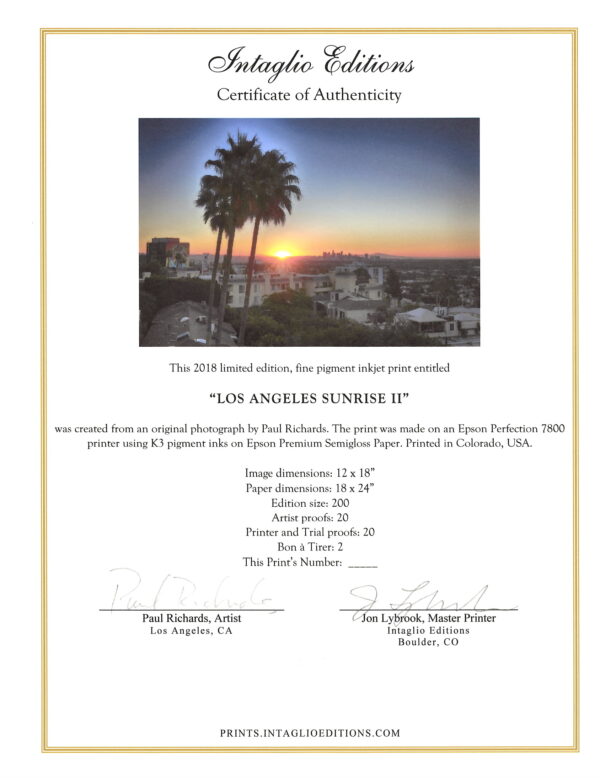 Los Angeles Sunrise II by Paul Richards - Certificate of Authenticity