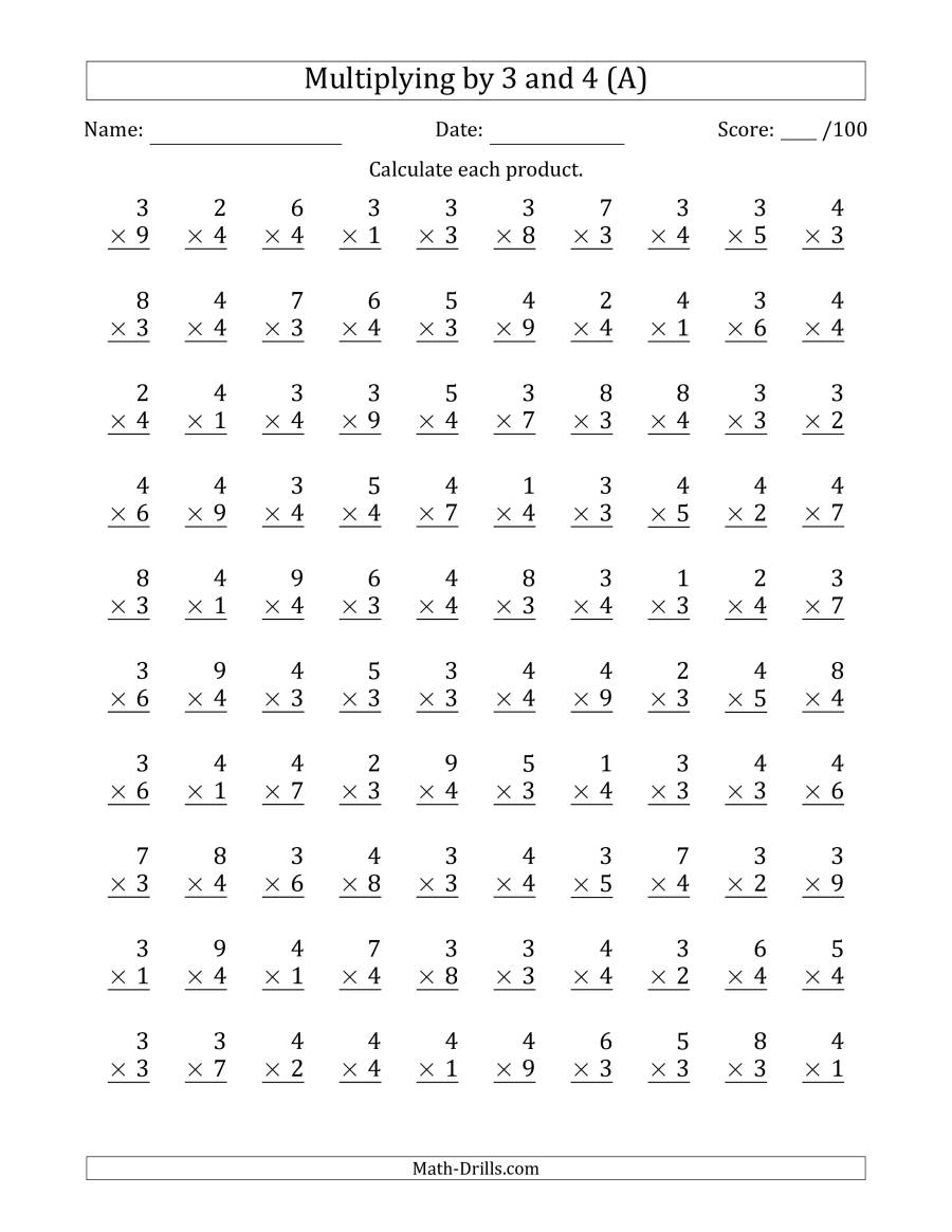 Multiplying3 And 4 With Factors 1 To 9 (100 Questions) (A)