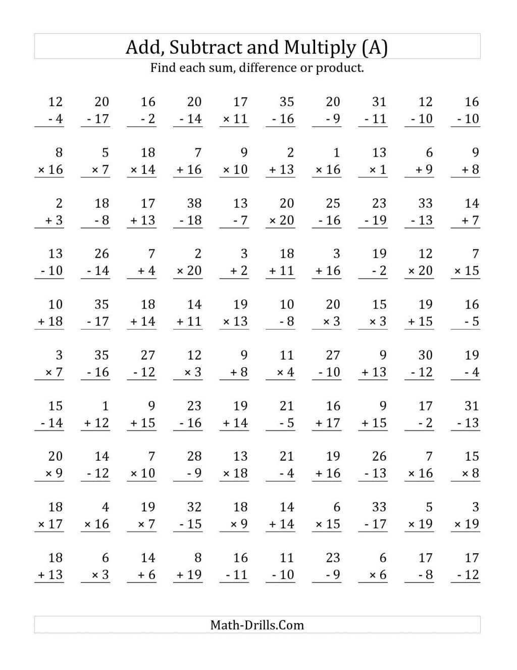 Addition Multiplication And Subtraction Worksheets - Free Printable